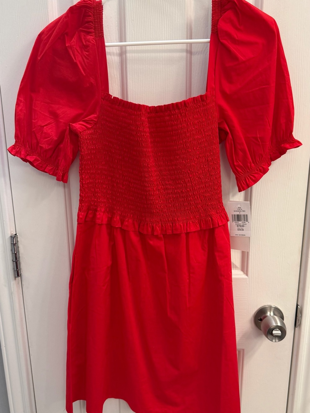French Connection Red Smocked Puff Sleeve Dress NWT